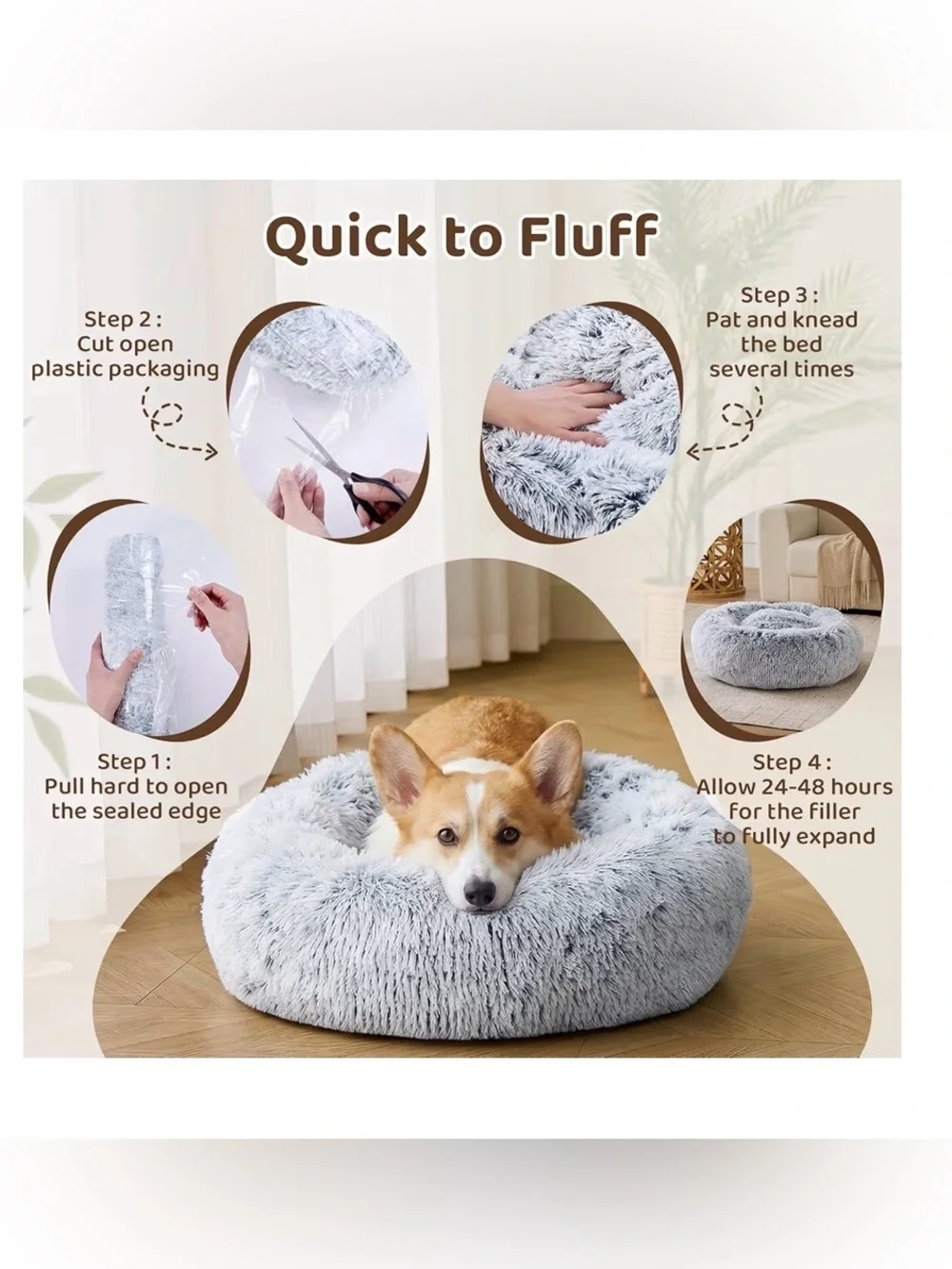 Plush Round Donut Pet Bed in Light Gray for Small & Medium pets, up to 25 lbs